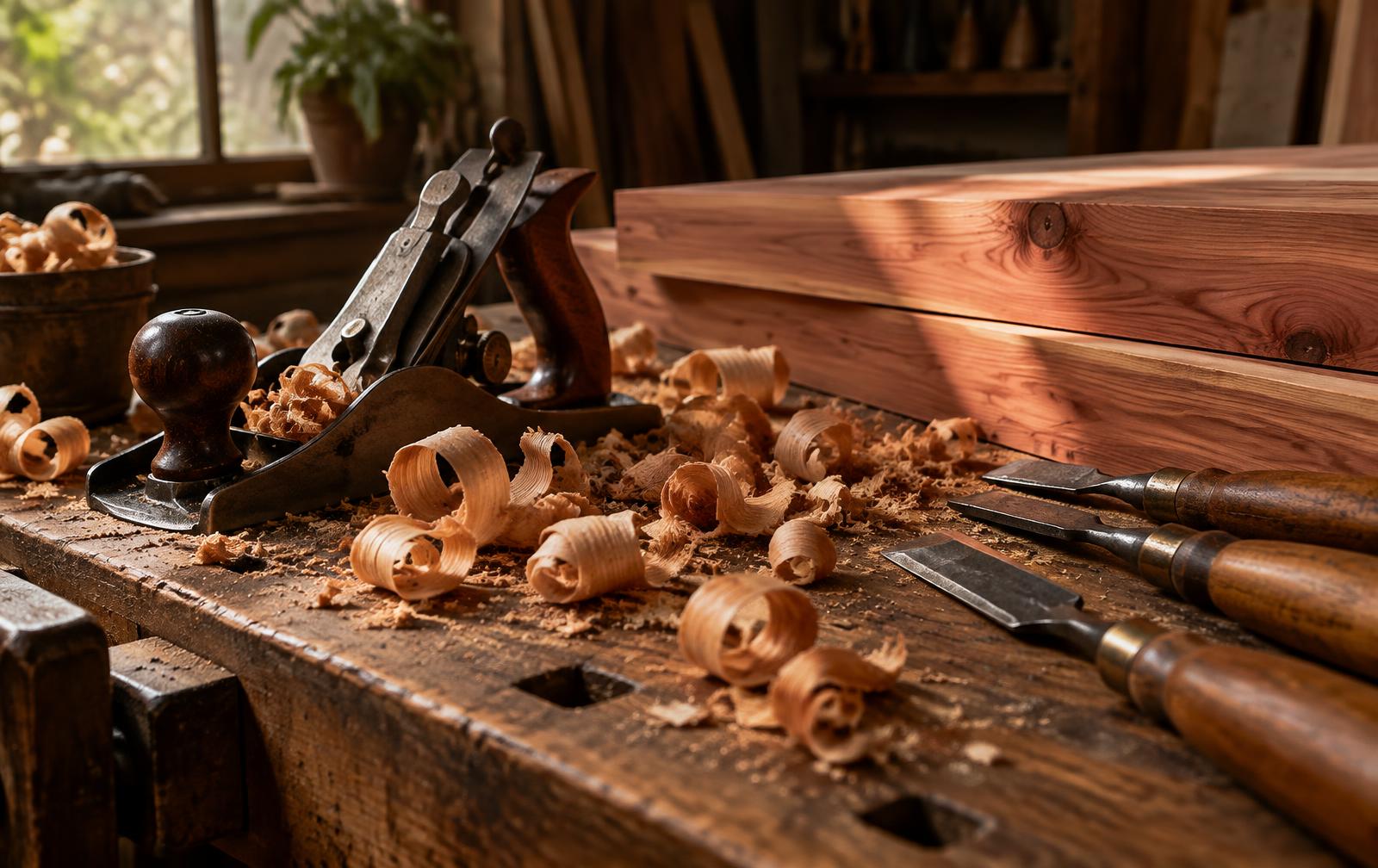 Hand plane, chisels and curled wood shavings on a wooden workbench beside cedar boards